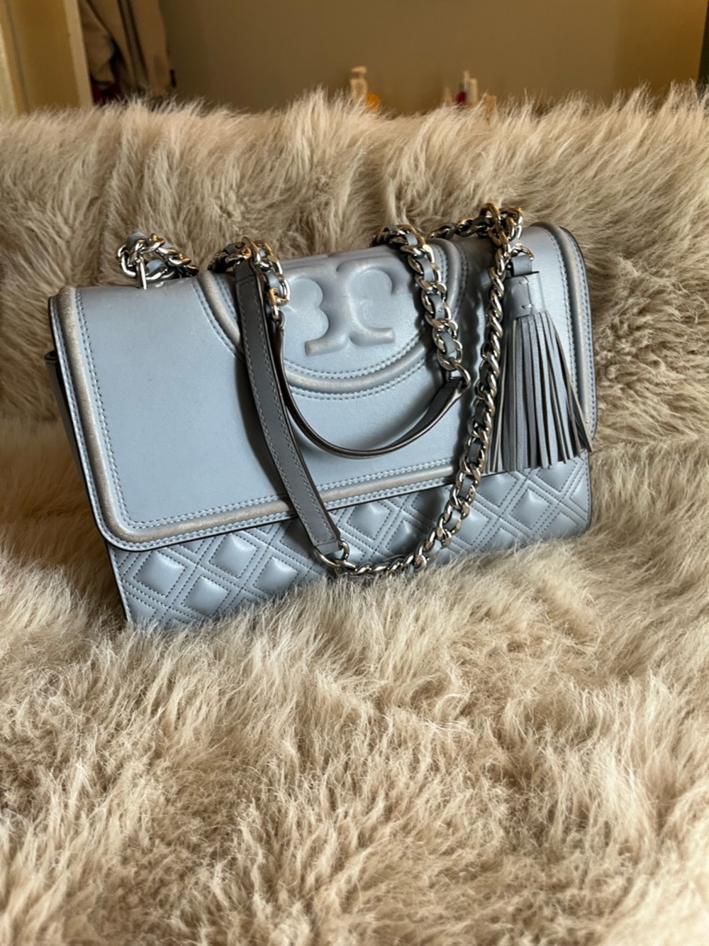 Tory Burch Cloud Blue Quilted Fleming Shoulder Bag with Tassel